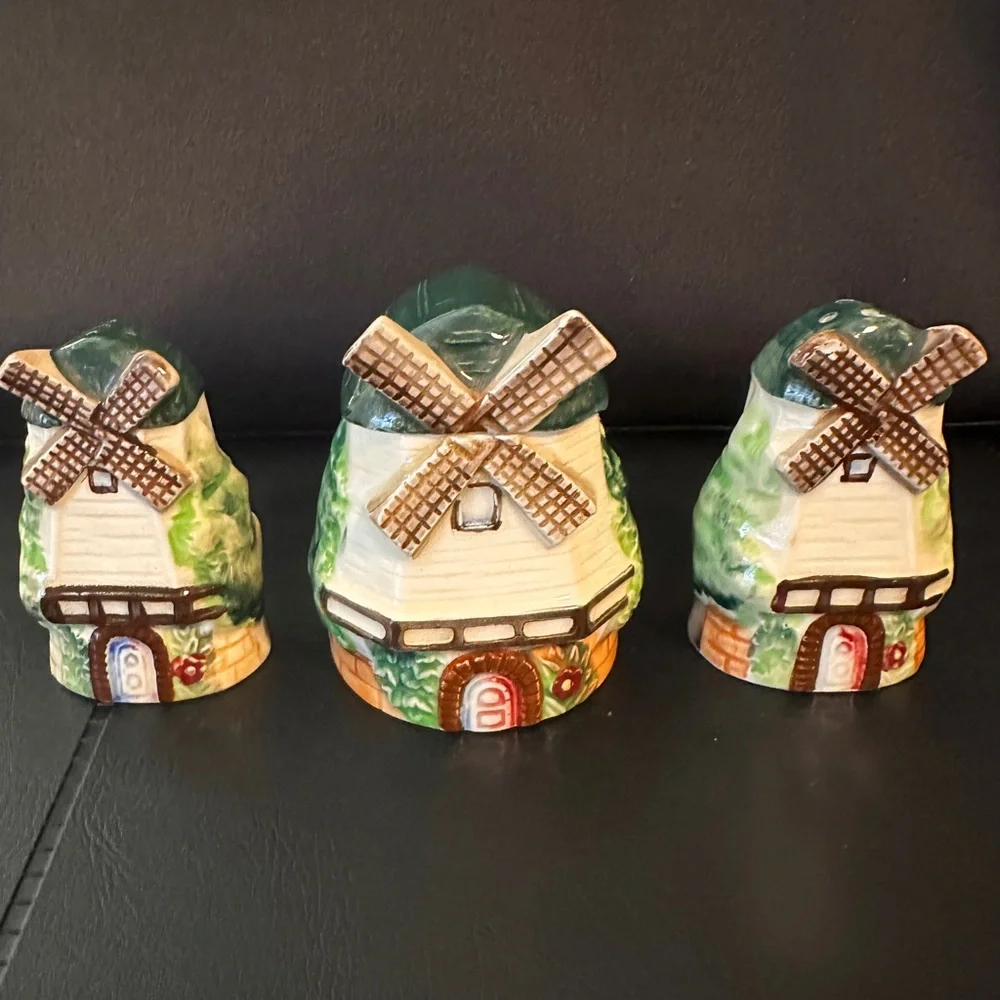 Vintage Windmill Salt & Pepper Shaker and Toothpick holder Ceramic 1950s Japan‎